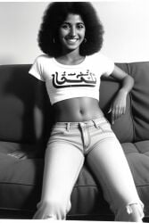 1970s ai_generated belly_button black_and_white casual crop_top dark-skinned_female dark_skin iranian jeans jsmithy114 looking_at_viewer middle_eastern middle_eastern_female monochrome navel photorealistic sitting sitting_on_couch smiling smiling_at_viewer