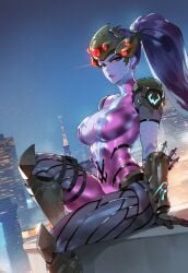 1girls ai_generated big_breasts blizzard_entertainment blush clothed clothing color female female_focus female_only flarekiss hi_res large_breasts light-skinned_female light_skin long_hair looking_at_viewer overwatch purple_eyes purple_hair solo solo_female tagme thick_thighs widowmaker