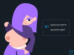 1girls accurate_art_style dialogue duolingo english_text female female_focus female_only flashing flashing_breasts lily_(duolingo) looking_at_viewer nipples owlyn purple_hair talking_to_viewer