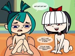 1boy 2girls blue_eyes blue_hair blush bow choker crimson_(tdi) feet_up goth_girl gwen_(tdi) holding_legs moaning older_male penetration penis_in_pussy red_eyes small_breasts total_drama_island total_dramarama white_hair younger_female