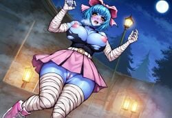 1girl 1girls ai_generated bandages big_breasts blue_hair blue_skin blush civitai female female_focus female_only nipples no_panties pink_nipples pink_skirt pussy short_hair skirt solo solo_female solo_focus tagme virtual_hero zombie zombie_girl zombirella