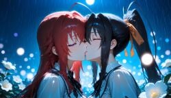 2girls ai_generated akeno_himejima blush closed_eyes females_only girlfriends high_school_dxd kissing lesbian_couple lesbian_kiss only4uart rain rias_gremory rias_x_akeno yuri yuri yuri