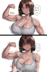 1girls 2_panel_comic angry armpits artslayer beauty_mark beauty_mark_under_eye big_breasts blush boob_grab brown_hair brunette_hair busty cleavage clothed english_text female female_focus fit fit_female flexing flexing_arms flexing_bicep furious grabbing_another's_breast grabbing_breasts huge_breasts large_breasts light_skin mad mole mole_under_eye muscular muscular_arms muscular_female pov shiny_skin smirk smirking sweat tagme tan tan-skinned_female tan_body tanned_female tanned_skin text tomboy toned toned_arms toned_female veiny_muscles