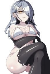 :p arm_under_breasts ass_visible_through_thighs black_gloves black_thighhighs crossed_legs curvy duel_masters duel_masters_play's gijinka huge_ass large_breasts long_gloves looking_at_viewer personification shaded_face slender_waist thick_thighs thighhighs voluptuous wedding_(duel_masters) white_bikini wide_hips