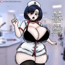 1female 1girls aroused big_breasts bimbofication black_hair breast_expansion breasts brown_eyes choker cleavage coloredyiddies curvaceous curvy curvy_figure english_text female female_only huge_breasts lei_(coloredyiddies) nurse nurse_cap nurse_uniform onomatopoeia original patreon_logo patreon_url solo_female tagme text text_bubble thick_thighs thighhighs url