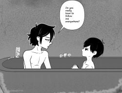 2boys andrew_graves awkward_situation bathroom bathtub black_hair crossover dialogue gay height_difference monochrome naked nipples omori omori_(character) razor shampoo skinny speech_bubble staring the_coffin_of_andy_and_leyley