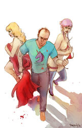 1boy 2girls angry arm_covers_breast bald black_high_heels blonde_hair blue_pants blue_shirt breasts brown_shoes grand_theft_auto grand_theft_auto_v huge_breasts large_breasts mad morgenty multiple_females open_mouth pink_hair purple_legwear red_blanket red_bra red_lips short_hair sideboob skimpy skimpy_clothes stripper topless trevor_philips