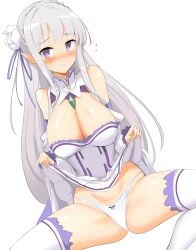 1girls breasts cleavage elf elf_ears elf_female emilia_(re:zero) half-dressed hips large_breasts light-skinned_female light_skin looking_at_viewer momio offering_to_viewer panties purple_eyes re:zero_kara_hajimeru_isekai_seikatsu silver_hair skirt_lift solo squatting thick_thighs white_background