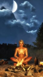 3d areolae bonfire breasts cd_projekt_red ciri female female_only green_eyes looking_down nipples outside scar sitting solo the_witcher_(series) the_witcher_3:_wild_hunt white_hair xpsfm