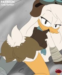 2023 anatid anseriform anthro ass avian beak bedroom_eyes bird breasts cameltoe clothing della_duck disney duck ducktales ducktales_(2017) eyewear eyewear_on_head female genitals goggles goggles_on_head hat headgear headwear hi_res ladycherrybomba looking_at_viewer looking_back looking_back_at_viewer mature_female milf narrowed_eyes nipples non-mammal_breasts non-mammal_nipples pac-man_eyes presenting presenting_hindquarters prosthetic prosthetic_leg prosthetic_limb rear_view ripped_clothing ripped_shorts seductive shorts solo