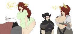 1boy 1girls ass big_ass big_breasts big_shirt blush bottomless breasts bubble_butt cleavage cole_cassidy_(cosplay) dewwy(dewwydartz) dewwydarts dewwydartz female huge_ass huge_breasts humanized maddie(dewwydartz) nipples_visible_through_clothing overwatch overwatch_2 sleeping tagme thick_thighs wide_hips widowmaker_(cosplay)