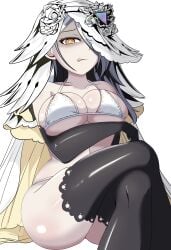 :p arm_under_breasts ass_visible_through_thighs black_gloves black_thighhighs crossed_legs curvy duel_masters duel_masters_play's huge_ass large_breasts long_gloves looking_at_viewer shaded_face slender_waist thick_thighs thighhighs voluptuous wedding_(duel_masters) white_bikini wide_hips