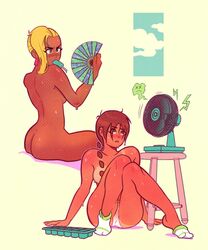 2girls ankle_socks anklehighs arm_support ass aubrey_(sea_legs) bangs big_ass blonde_hair blush braid braided_hair breasts brown_eyes casual cooling_off dark-skinned_female dark_skin duo earrings eating electric_fan fan feet female female_only folding_fan food hair_over_eyes hot_day human jolie_(sea_legs) long_hair medium_breasts multiple_girls ndasfw nudist on_floor panties ponytail popsicle red_hair sea_legs sideboob sitting socks stool sweat tan tanlines tanned_female topless webcomic white_background white_socks