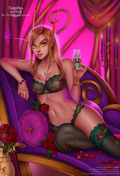 2019 areolae blizzard_entertainment blood_elf bra breasts eastern_kingdoms elf female female_only lingerie looking_at_viewer moonbound nipples panties pointy_ears rose sianna_(eric) silvermoon solo thighhighs warcraft wine world_of_warcraft