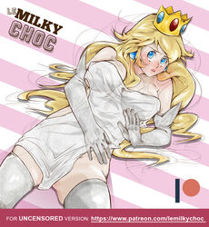 1girls blonde_hair blue_eyes breasts clothing female female_only lemilkychoc long_hair looking_at_viewer lying mario_(series) nintendo on_back princess_peach solo tagme