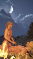 1boy 3d areolae bonfire breasts cd_projekt_red ciri closed_eyes cowgirl_position female geralt_of_rivia nipples outside pubic_hair scar straight tattoo the_witcher the_witcher_(series) the_witcher_2 the_witcher_3:_wild_hunt white_hair xpsfm yellow_eyes