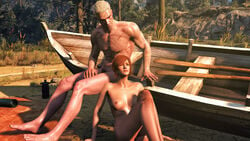 1boy 3d areolae barefoot beach breasts cd_projekt_red closed_eyes female geralt_of_rivia nipples pubic_hair red_hair scar shani sitting sunbathing the_witcher the_witcher_(series) the_witcher_2 the_witcher_3:_wild_hunt white_hair xpsfm yellow_eyes