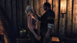 1boy 1girls 3d areolae breasts cd_projekt_red ciri female green_eyes hand_on_face looking_at_partner nipples partially_clothed skjall the_witcher_(series) the_witcher_3:_wild_hunt white_hair xpsfm