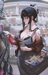 1girls absurd_res arm_tattoo bag barcode barcode_on_breast barcode_tattoo big_breasts black_bra black_hair black_mask black_nails bottle bra bra_peek bra_strap breast_tattoo breasts brown_cardigan cardigan cleavage clothed clothed_female d_(killer_wife)_(nikke) d_(nikke) detailed_background detergent dongtan_dress dress earphones elbow_carry female female_only fingernails folded_ponytail from_side goddess_of_victory:_nikke grey_dress hair_intakes heart heart_necklace holding holding_phone jewelry light_skin light_skinned_female long_hair looking_at_viewer mask mask_pull mouth_mask nail_polish necklace off_shoulder official_alternate_costume official_alternate_hairstyle pencil_dress price_tag red_eyes rucarachi shelf shop shopping shopping_basket sidelocks sleeveless sleeveless_dress smartphone solo solo_female spray_bottle supermarket tagme tattoo tattooed_arm thick_thighs underwear wireless_earphones