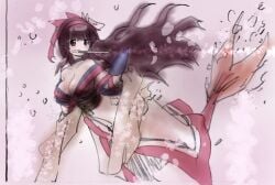 1girls ainu_clothes artist_name big_breasts blush breasts brown_eyes brown_hair busty cleavage female female_only fingerless_gloves gloves hair_ribbon highres king_of_fighters large_breasts long_hair looking_at_viewer mermaid monster_girl mouth_hold nakoruru no_bra pose posing ribbon samurai_shodown smile snk solo traditional_media underwater very_long_hair voluptuous water weapon