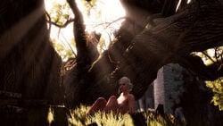 3d areolae breasts cd_projekt_red ciri female female_only green_eyes looking_at_viewer nipples outside sitting solo the_witcher_(series) the_witcher_3:_wild_hunt white_hair xpsfm