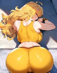 1girls ai_generated all_fours blonde_hair female hi_res huge_ass huge_breasts light-skinned_female light_skin long_hair looking_at_viewer lucyla round_ass rwby smile sports_bra sports_shorts sportswear thick_thighs voluptuous yang_xiao_long