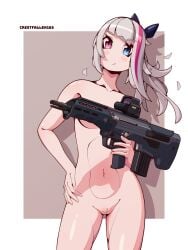 1girls artist_name covering_breasts crestfallen163 female female_only girls'_frontline gun heterochromia holding_weapon mdr_(girls'_frontline) ponytail pussy simple_background tagme tied_hair two_tone_hair