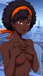 1girls afro ai ai_generated ai_hands black_hair breasts brown_eyes covered_nipples dark-skinned_female dark_skin earrings f-zero female female_only hairband hands_on_breasts kate_alen looking_at_viewer naked naked_female nintendo nude nude_female orange_hairband quinzo11 self_upload smile smiling smiling_at_viewer standing standing_female