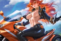 absurd_res ai_generated bike breasts genshin_impact glasses large_breasts long_hair mavuika_(genshin_impact) ministro motorcycle nipples nude on_motorcycle