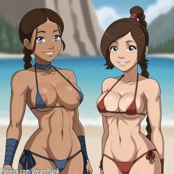 2girls ai_generated alternate_breast_size areola_slip areolae avatar_the_last_airbender beach bikini breasts dreamplank female female_only human katara multiple_girls navel nickelodeon nicktoons ty_lee