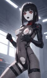 ai_generated android bangs black_hair bodysuit breasts_out cybernetic_arm cybernetic_limb cyberpunk cyborg cyborg_girl female fishnets goth nipples original_character pale_skin red_eyes robotic_arm sci-fi skinny torn_bodysuit torn_clothes