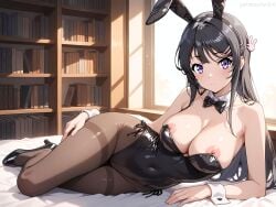 1girls ai_generated anilvl animal_ears areola_slip arm_support bangs bare_arms bare_shoulders bed_sheet black_bow black_bowtie black_footwear black_hair black_hairband black_leotard black_pantyhose blush book bookshelf bow bowtie breasts brown_pantyhose cleavage closed_mouth collar collarbone covered_navel detached_collar fake_animal_ears full_body hair_ornament hairband hairclip hand_on_own_thigh high_heels highleg highleg_leotard indoors large_breasts leotard library long_hair looking_at_viewer lying nipple_slip nipples on_bed on_side pantyhose playboy_bunny purple_eyes rabbit_ears rabbit_hair_ornament sakurajima_mai seishun_buta_yarou_wa_bunny_girl_senpai_no_yume_wo_minai shiny side-tie_leotard sidelocks solo strapless strapless_leotard sunlight thighband_pantyhose thighs white_collar window wrist_cuffs