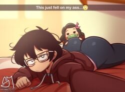 1boy 1femboy artist_logo artist_name artist_self-insert ass ass_focus big_ass bubble_butt dat_ass demon_slayer emoji fully_clothed glasses holding_phone laying_on_bed laying_on_stomach looking_at_viewer messy_hair nezuko_kamado plushie round_ass semidraws semifemboi_(semidraws) snapchat solo unamused