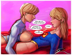 1female 1futa annoyed blonde_female blonde_hair blue_eyes carlosdlimaart dc dc_comics dialogue female futa_on_female futanari kara_zor-el karen_starr laying_down laying_on_bed light-skinned_female light-skinned_futanari light_skin power_girl precum speech_bubble stockings supergirl superheroine tagme