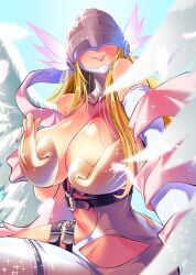 1girls 2d angel angel_girl angel_wings angewomon asymmetrical_clothes asymmetrical_legwear bare_shoulders big_breasts blonde_hair breasts collarbone covered_eyes digimon digimon_(species) digimon_adventure digital_media_(artwork) elbow_gloves female female_focus female_only full_color gerusyu gloves head_wings helmet helmet_over_eyes highres large_breasts larger_female light-skinned_female light_skin looking_at_viewer mature_female mature_woman pink_shawl shawl shiny_skin simple_background sitting skindentation smile thick_thighs thigh_strap thighs wrist_wings