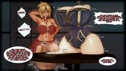 artoria_pendragon_(lancer) balls big_balls big_breasts big_penis blush breasts cum cum_on_table cum_puddle eastboundaura88 english_text fat_cock fate/grand_order fate_(series) futanari giant_breasts giant_penis gigantic_breasts gigantic_penis huge_balls huge_breasts huge_cock koikatsu large_balls large_breasts large_penis long_penis massive_breasts massive_penis mordred_(fate) navel penis penis_on_table thick_penis uncensored