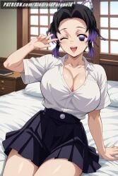 ai_generated aindroidparanoid ass bedroom bicolored_hair big_ass big_breasts big_butt black_hair busty cleavage curvy cute demon_slayer fat_ass female female_only hips huge_ass huge_breasts indoors kimetsu_no_yaiba kochou_shinobu large_ass large_breasts legs miniskirt narrow_waist purple_eyes purple_hair school_uniform schoolgirl shirt skirt slim_waist stable_diffusion thick_ass thick_thighs voluptuous waist wide_hips