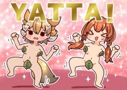 2girls animal_ears blonde_hair blush brown_hair coroha coyote_(kemono_friends) extra_ears indie_virtual_youtuber irodori_mayoi kemono_friends kemono_friends_v_project leaf long_hair looking_at_viewer multiple_girls navel nude pink_hair short_hair simple_background sweat tail twintails virtual_youtuber wolf_ears wolf_girl wolf_tail