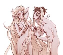 adam_(hazbin_hotel) blonde_hair breasts brown_hair duo female hair hazbin_hotel human kotyskelp lilith_morningstar_(hazbin_hotel) love male male/female nipples nude open_mouth open_smile romantic romantic_couple simple_background smile straight thick_thighs wholesome