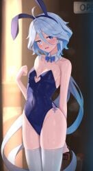 1girls blue_eyes blue_hair blush bow breasts bunny_ears bunny_girl bunnysuit embarrassed female female_only furina_(genshin_impact) genshin_impact leotard light-skinned_female light_skin looking_at_viewer playboy_bunny shy small_breasts standing thick_thighs thighhighs