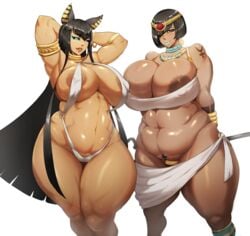 2girls abs areolae barefoot bastet bbw big_areola big_breasts bra breasts cat_ears catgirl chubby chubby_female dark-skinned_female dark_skin deity donaught egyptian egyptian_clothes egyptian_mythology eyeliner female female_only goddess gold gold_jewelry hathor huge_ass huge_breasts large_breasts looking_at_viewer makeup milf multiple_girls muscular_female naughty_face nipples panties rule_63 seductive seductive_smile smile solo thick_thighs venus_body voluptuous wide_hips