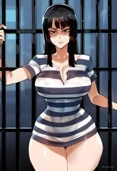 1girls ai_generated black_hair blush breasts female female_only long_hair looking_at_viewer nico_robin one_piece prison prison_cell prison_uniform sinderellaart solo sweat sweaty