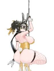 1girl bunny_ears bunny_tail bunnysuit duel_monster fishnet_stockings green_eyes headband kunai large_ass large_breasts looking_back s-force_rappa_chiyomaru s:p_little_knight stripper_pole tight_clothing two_tone_hair waifubuki yu-gi-oh!