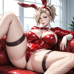 ai_generated big_breasts blonde_hair blue_eyes bowtie bunny_ears bunnysuit eogard_orc fishnet_legwear fishnets hairy_pussy high_ponytail legs_spread mercy one_leg_up overwatch overwatch_2 red_latex red_nails seductive self_upload sitting_on_couch stable_diffusion thick_thighs