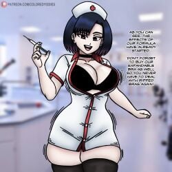 1female 1girls big_breasts bimbofication black_hair bra breast_expansion choker cleavage coloredyiddies english_text female female_only lei_(coloredyiddies) nurse nurse_cap nurse_uniform original patreon_url purple_highlights solo_female syringe tagme text text_bubble thick_thighs thighhighs tight_clothing url