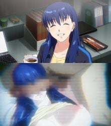 1boy 1girls 2024 2d 2koma after_rape after_sex before_and_after big_cock big_penis blue_hair breasts_out censored censored_penis closed_eyes clothed clothed_female clothing cock coffee eyebrows eyelashes female holding holding_object huge_cock instant_loss instant_loss_2koma large_penis long_penis male mosaic_censoring pale-skinned_female pale_skin penis penis_over_eyes pubic_hair screencap screenshot smile sweat sweatdrop sweating sweaty_body tsuma_netori_(series) tsuma_netori_rei:_boku_no_ayamachi_kanojo_no_sentaku white_skin