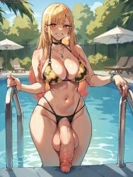 ai_generated big_balls big_penis bikini breasts futa_only futanari grapesss kitagawa_marin light-skinned_futanari looking_at_viewer nails necklace penis_touching_the_ground pink_eyes pool smiling sono_bisque_doll_wa_koi_wo_suru swimsuit swimwear yellow_hair