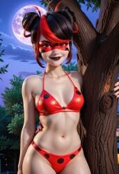 1girls ai_generated bikini_bottom bikini_top black_hair black_lipstick breasts civitai female hair_buns leaning_on_object lipstick marinette_dupain-cheng miraculous_ladybug moon navel nighttime polka_dot_bikini realistic red_bikini red_eyes red_hair shadybug_(character) slender_body slender_waist streaked_hair tagme tree two_tone_hair wwide_hips