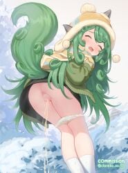 1_horn absurdres anus ass censored cloneko_(zelmeledf2) commentary_request commission curly_hair embarrassed female green_hair highres horns kneepits komano_aunn long_hair long_sleeves looking_at_viewer looking_back miniskirt mosaic_censoring open_mouth panties pee_stain peed_self peeing signature skeb_commission skirt socks solo stained_clothes tail tearing_up touhou underwear urine variant_set wavy_mouth white_panties white_socks winter