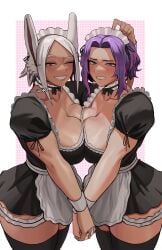 2girls animal_ears big_breasts blush boku_no_hero_academia breasts choker cleavage collarbone cuffs dark-skinned_female dark_skin female female_only fully_clothed gud0c highres holding_hands lady_nagant large_breasts long_eyelashes long_hair looking_at_viewer maid maid_outfit maid_uniform mirko miruko mommy muscle_mommy muscular muscular_female my_hero_academia parted_bangs purple_hair rabbit_ears rabbit_girl red_eyes rumi_usagiyama thick_thighs thighs white_hair